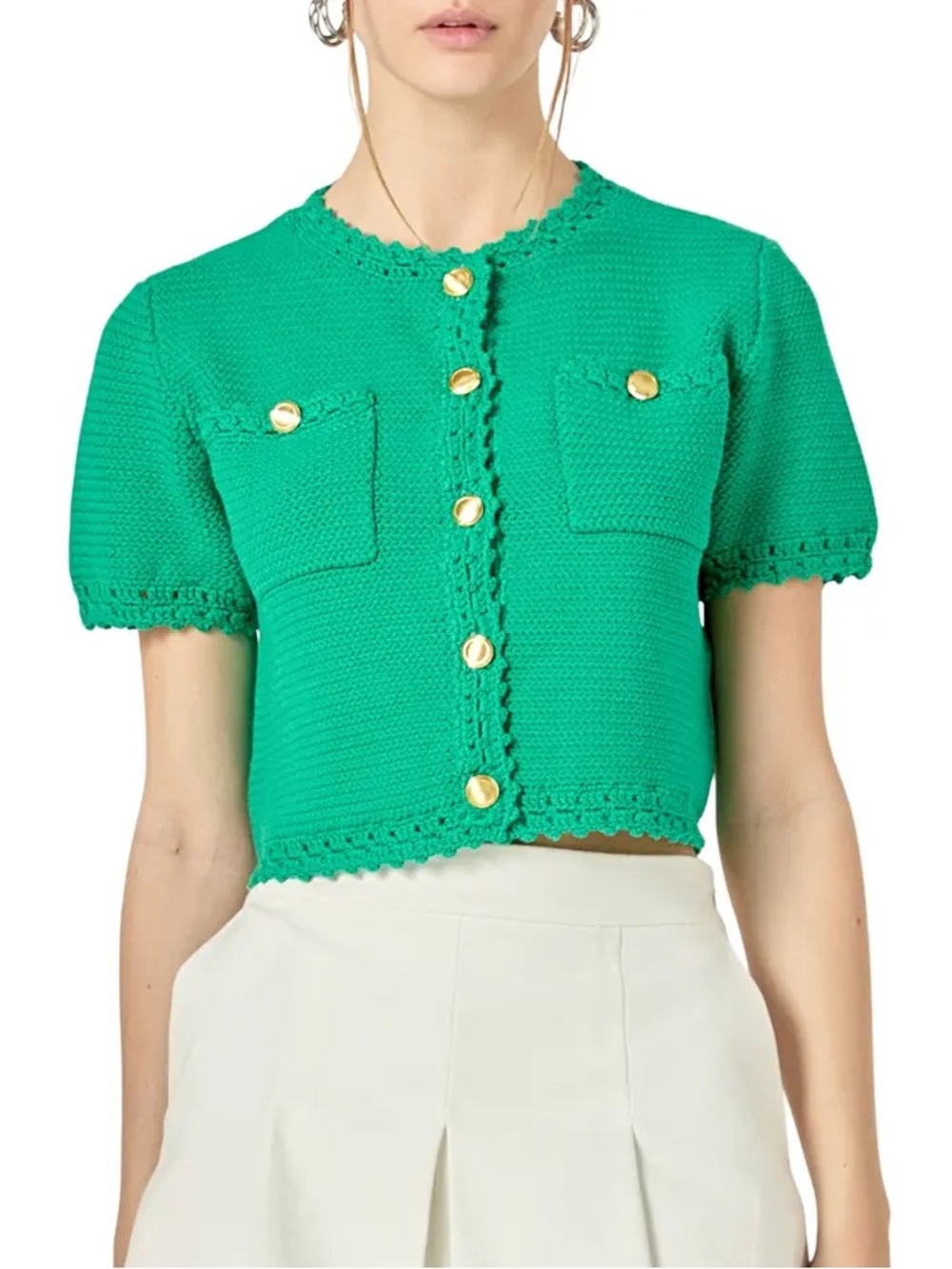 English Factory Golden Button Crop Cardigan Green Spring Preppy Coastal Medium